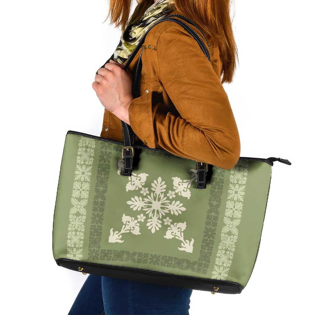 Hawaiian Quilt Block Design Leather Tote Bag Lime Hawaii Culture Motifs - Polynesian Pride