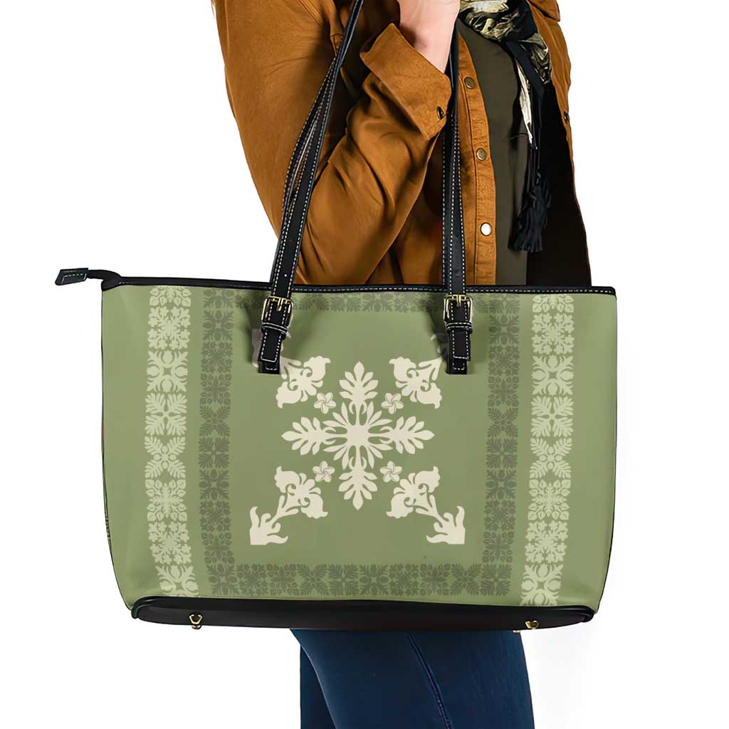 Hawaiian Quilt Block Design Leather Tote Bag Lime Hawaii Culture Motifs - Polynesian Pride
