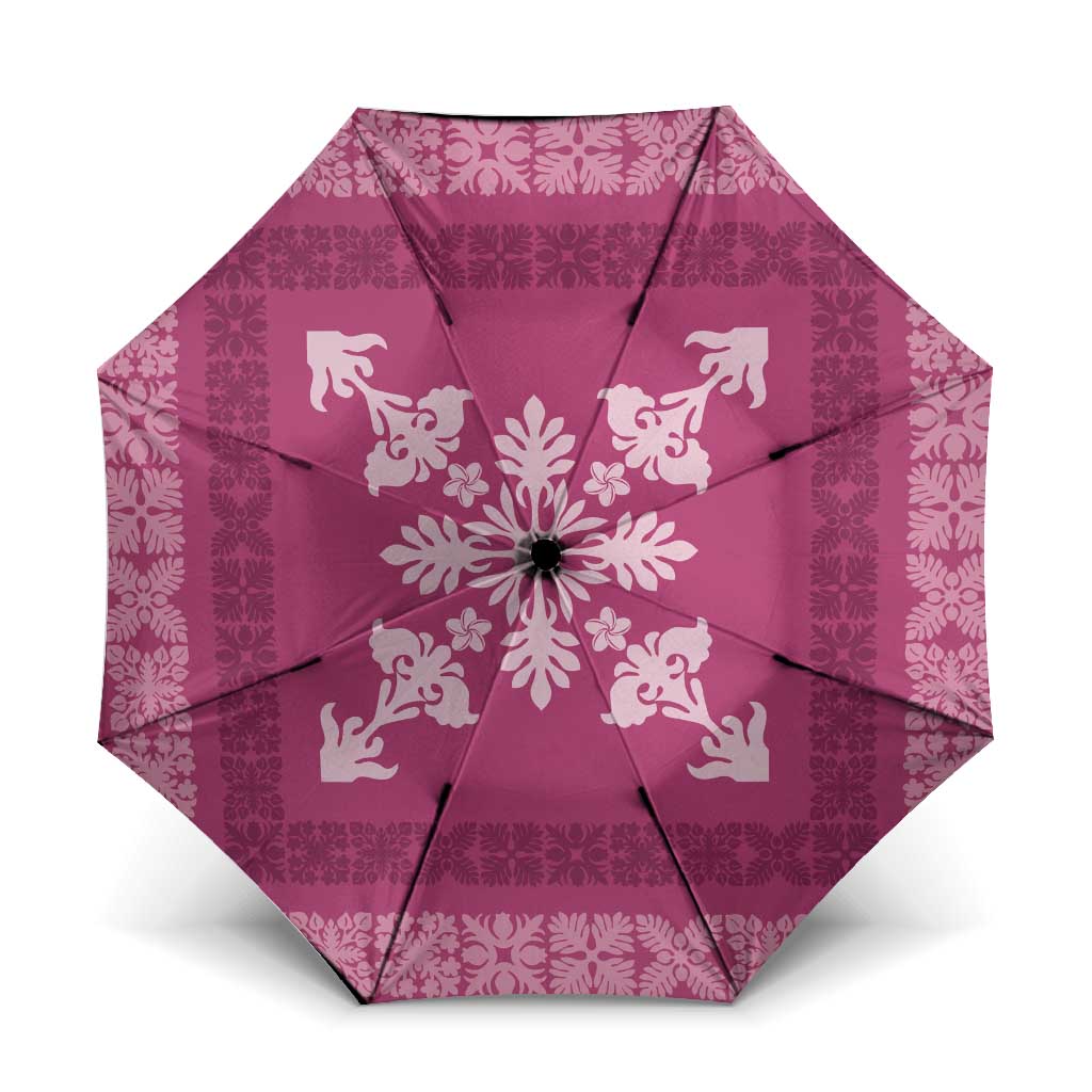Hawaiian Quilt Block Design Umbrella Pink Hawaii Culture Motifs LT9 One Size Folded 11.42 inch Opened Diameter 37.4 inch Pink - Polynesian Pride
