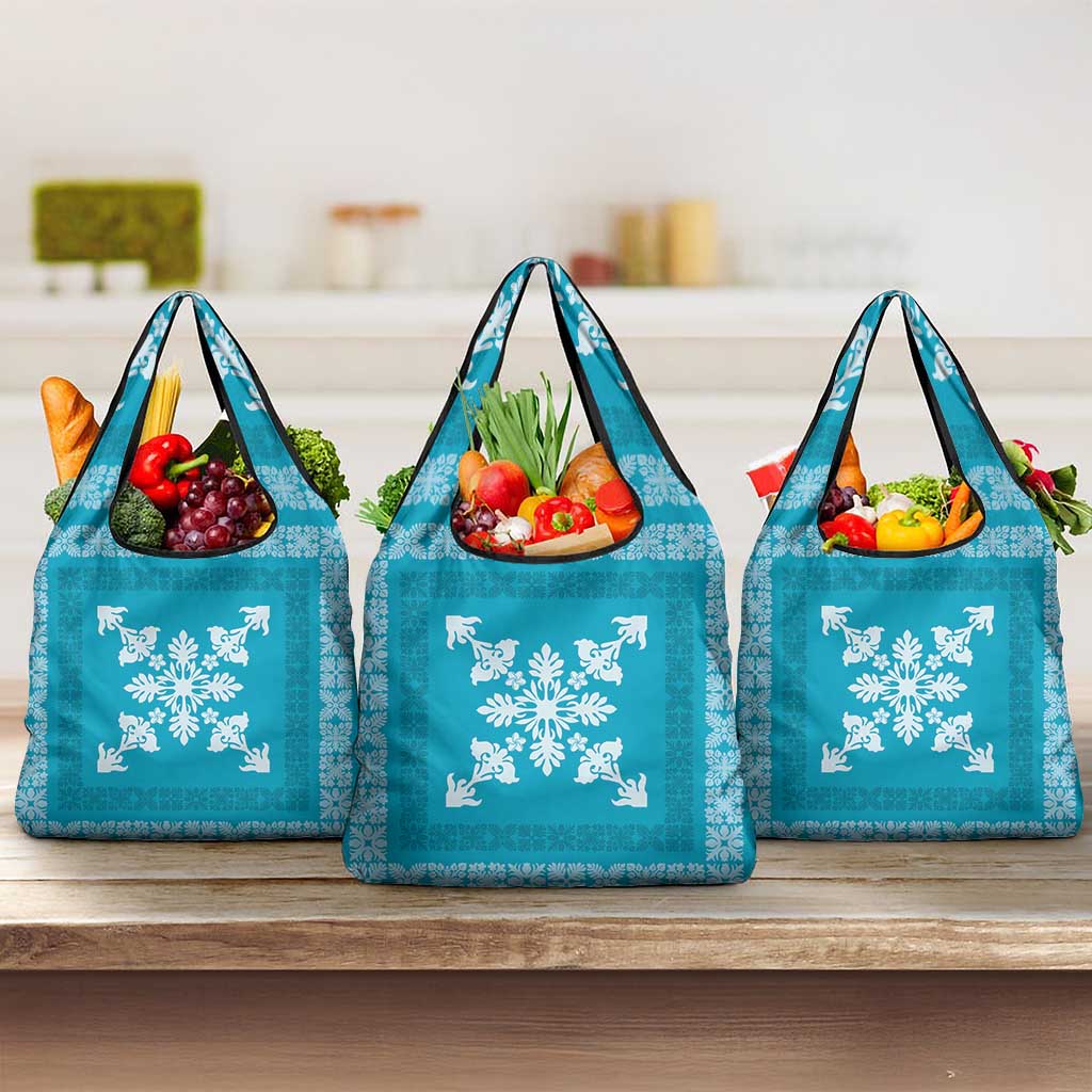 Hawaiian Quilt Block Design Grocery Bag Teal Hawaii Culture Motifs - Polynesian Pride