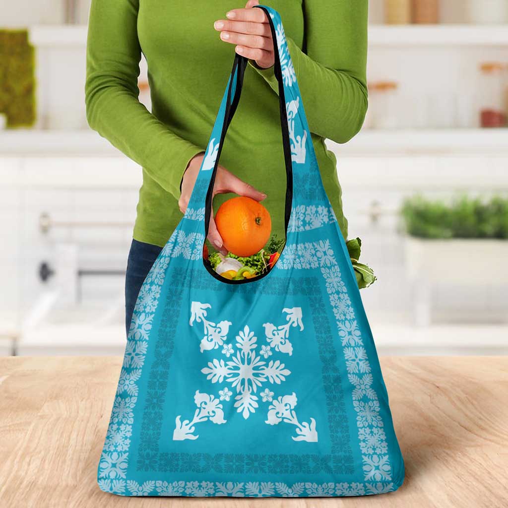 Hawaiian Quilt Block Design Grocery Bag Teal Hawaii Culture Motifs - Polynesian Pride