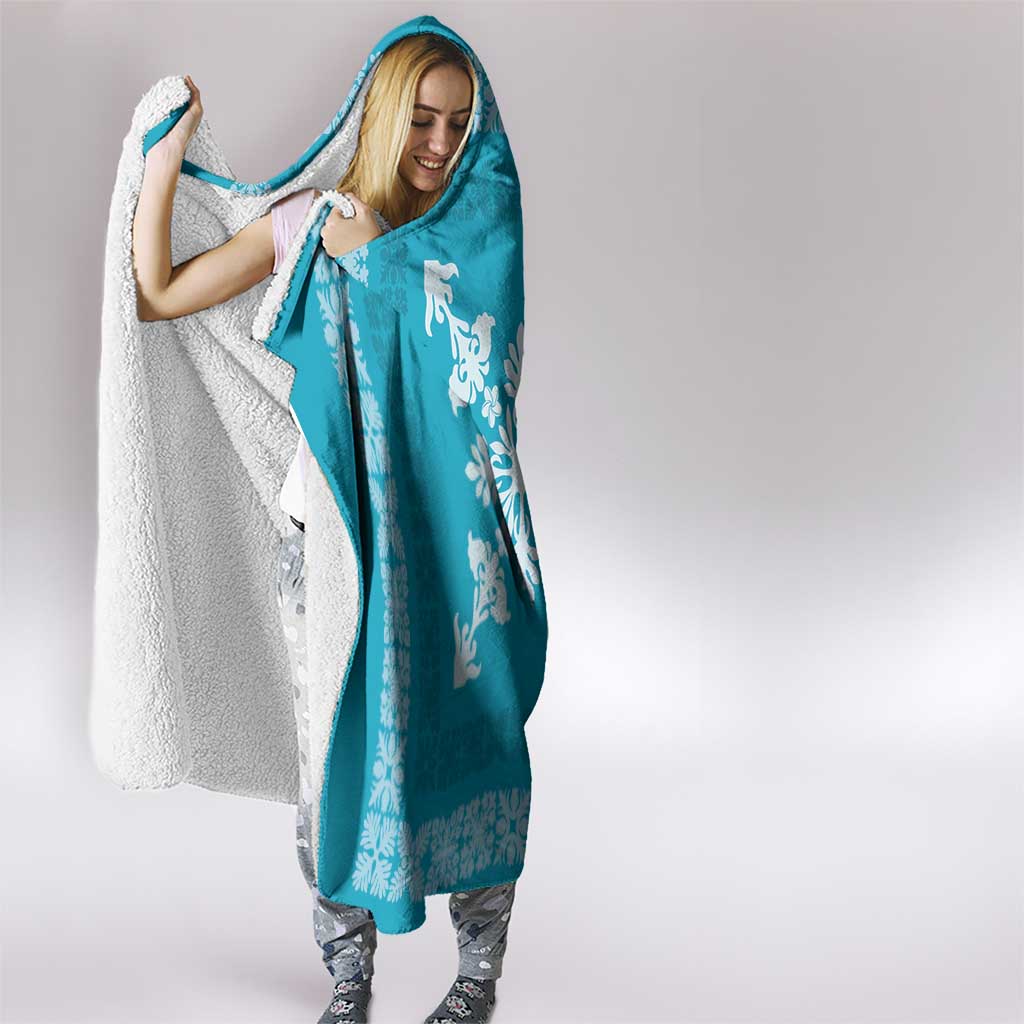 Hawaiian Quilt Block Design Hooded Blanket Teal Hawaii Culture Motifs - Polynesian Pride