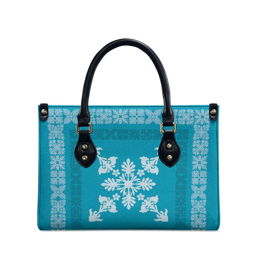 Hawaiian Quilt Block Design Leather Bag Teal Hawaii Culture Motifs - Polynesian Pride