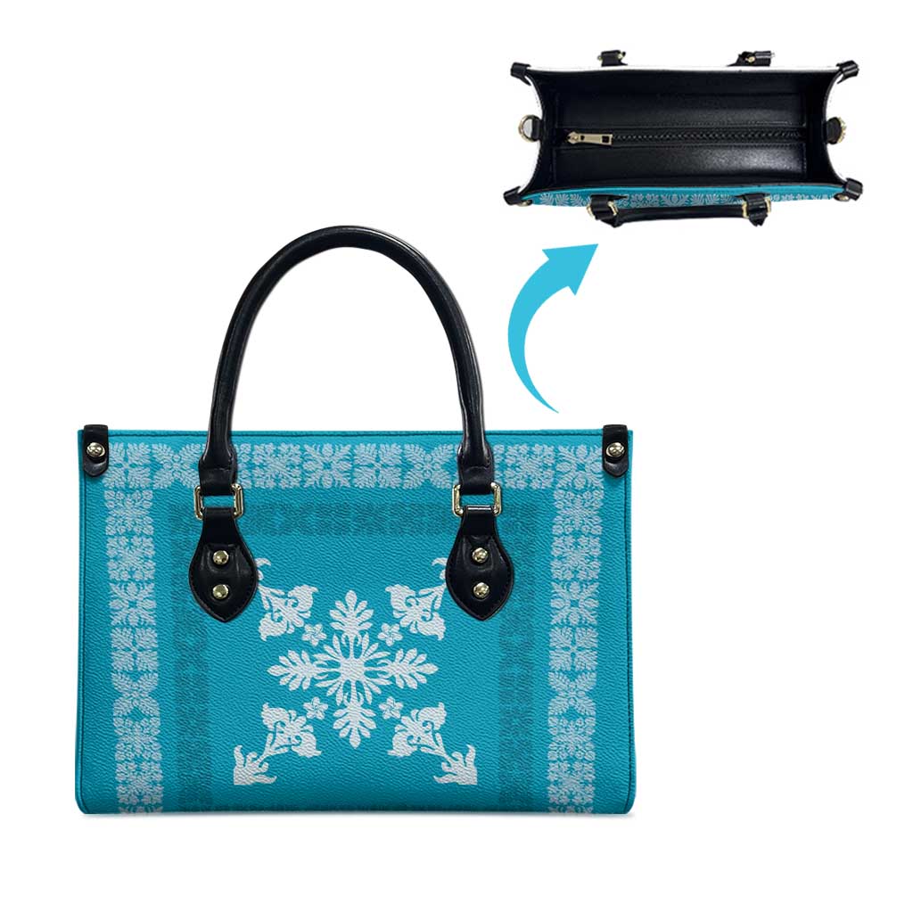 Hawaiian Quilt Block Design Leather Bag Teal Hawaii Culture Motifs - Polynesian Pride