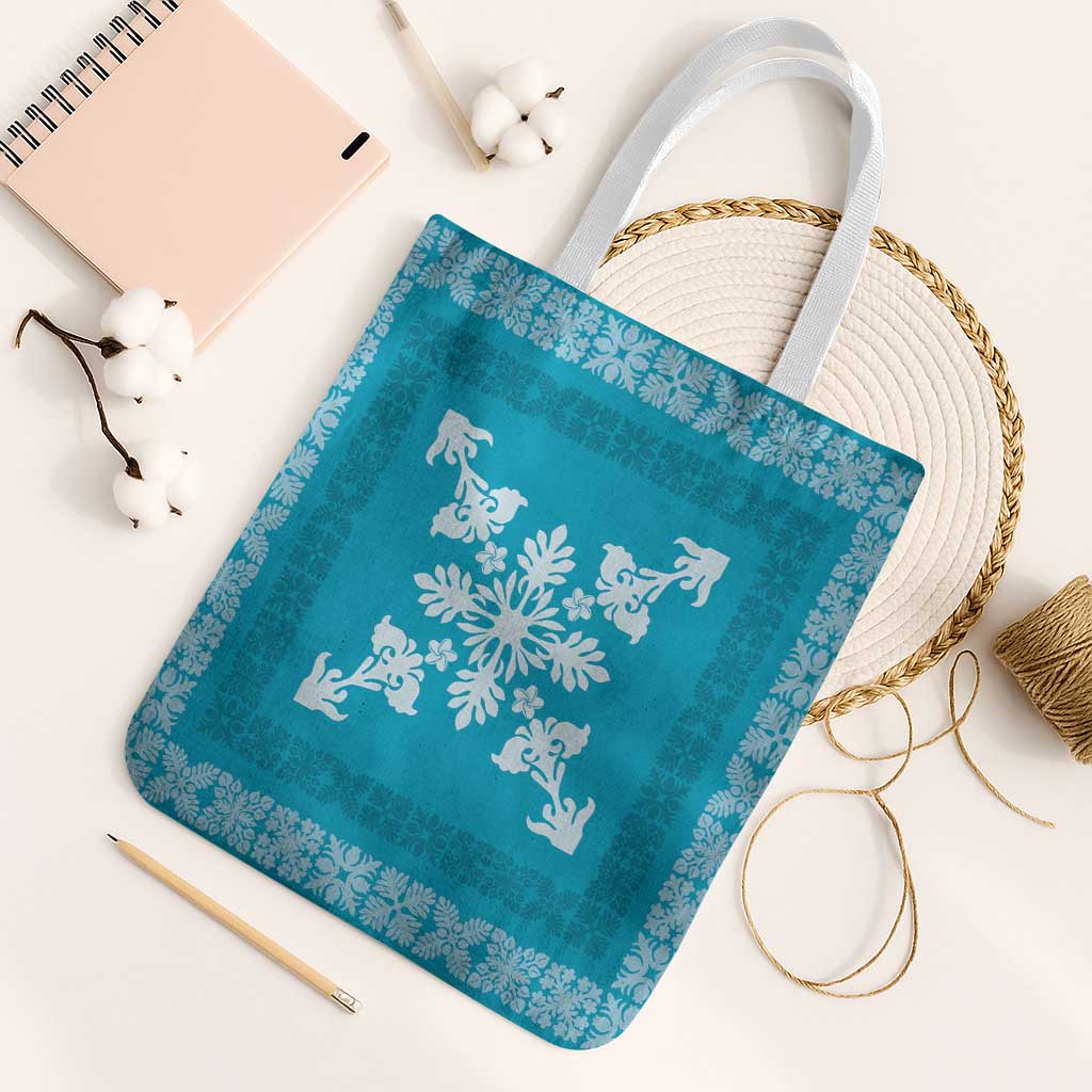 Hawaiian Quilt Block Design Tote Bag Teal Hawaii Culture Motifs - Polynesian Pride