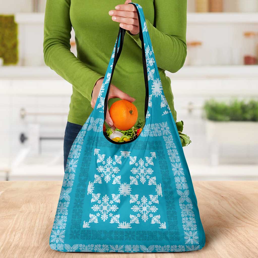 Hawaiian Quilt Pattern Grocery Bag Teal Hawaii Culture Tropical - Polynesian Pride