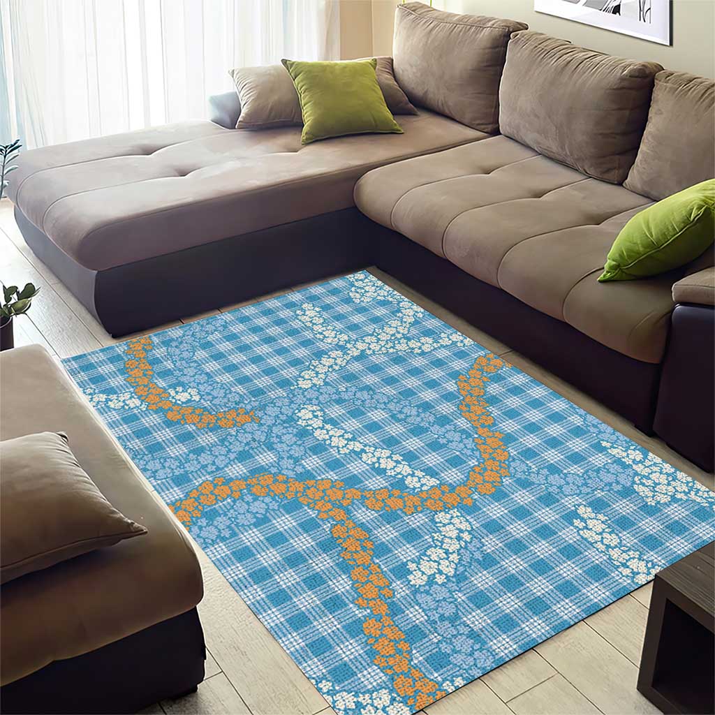 Blue Tropical Floral Palaka Area Rug Hawaiian Quilt Pattern - Polynesian Pride