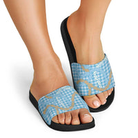 Blue Tropical Floral Palaka Slide Sandals Hawaiian Quilt Pattern - Polynesian Pride