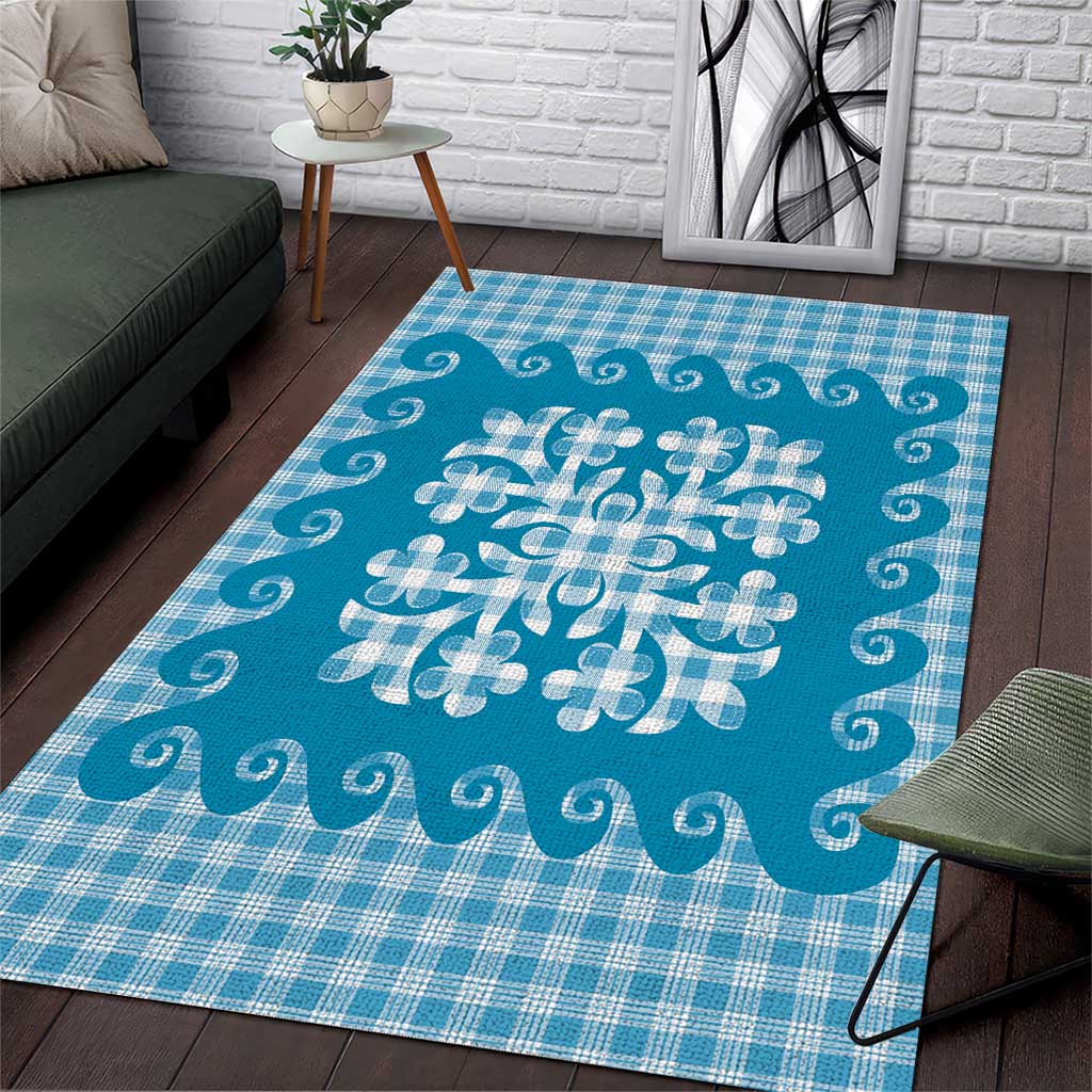 Blue Ulu Palaka Quilt Pattern Area Rug Hawaii Culture Breadfruit - Polynesian Pride