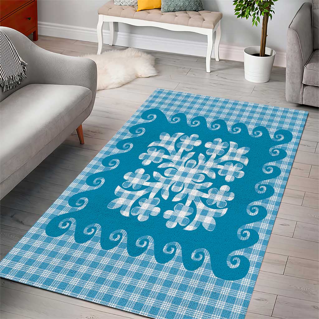 Blue Ulu Palaka Quilt Pattern Area Rug Hawaii Culture Breadfruit - Polynesian Pride