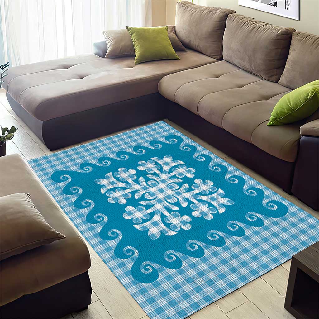 Blue Ulu Palaka Quilt Pattern Area Rug Hawaii Culture Breadfruit - Polynesian Pride