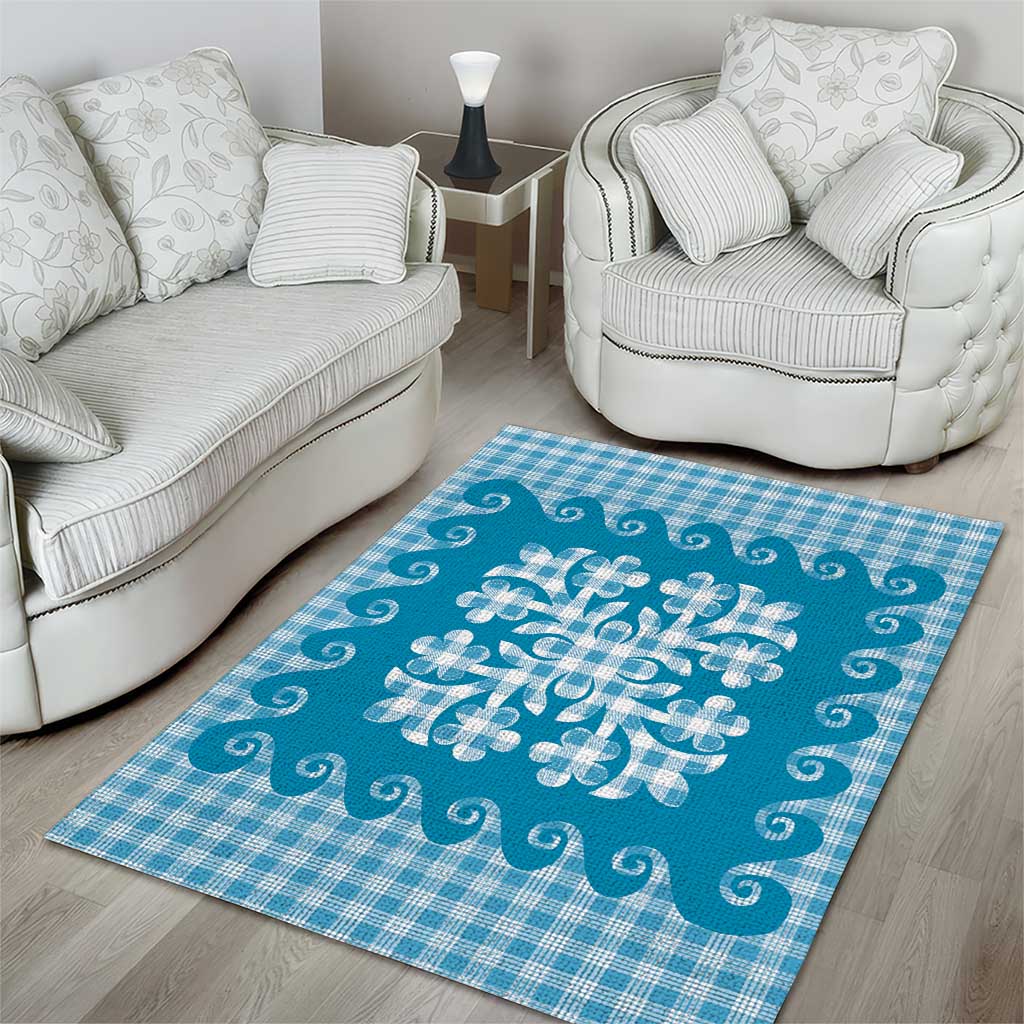 Blue Ulu Palaka Quilt Pattern Area Rug Hawaii Culture Breadfruit - Polynesian Pride