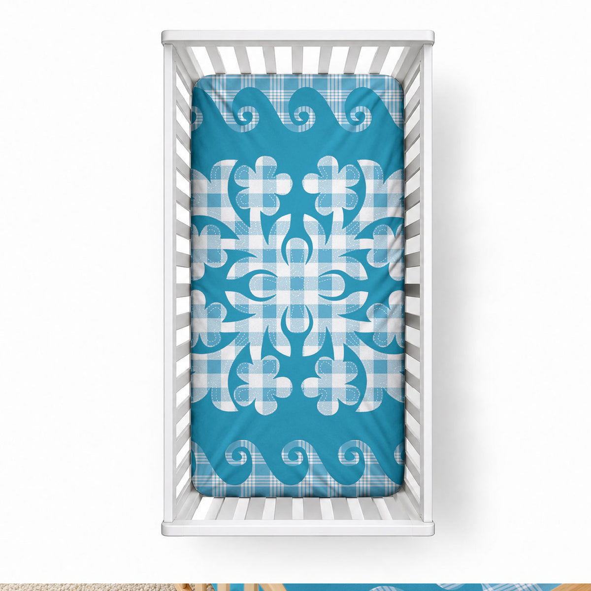 Blue Ulu Palaka Quilt Pattern Baby Bed Cover Hawaii Culture Breadfruit LT9 28 × 52 in Blue - Polynesian Pride