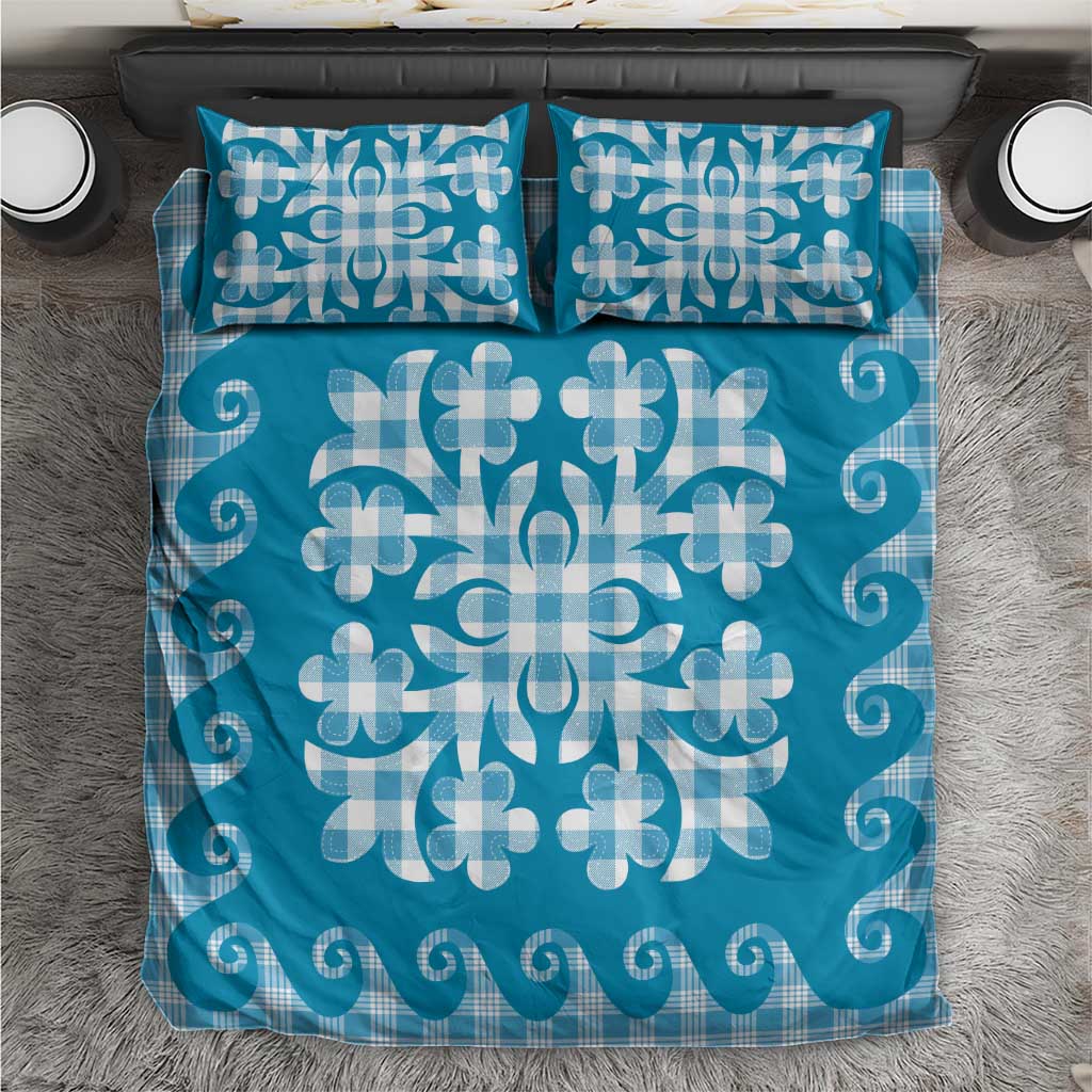 Blue Ulu Palaka Quilt Pattern Bedding Set Hawaii Culture Breadfruit - Polynesian Pride