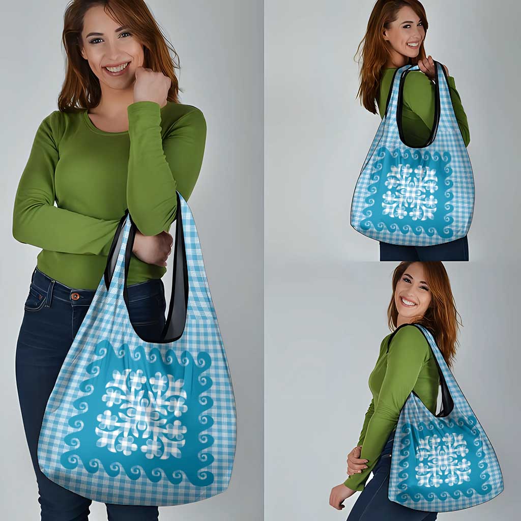 Blue Ulu Palaka Quilt Pattern Grocery Bag Hawaii Culture Breadfruit - Polynesian Pride