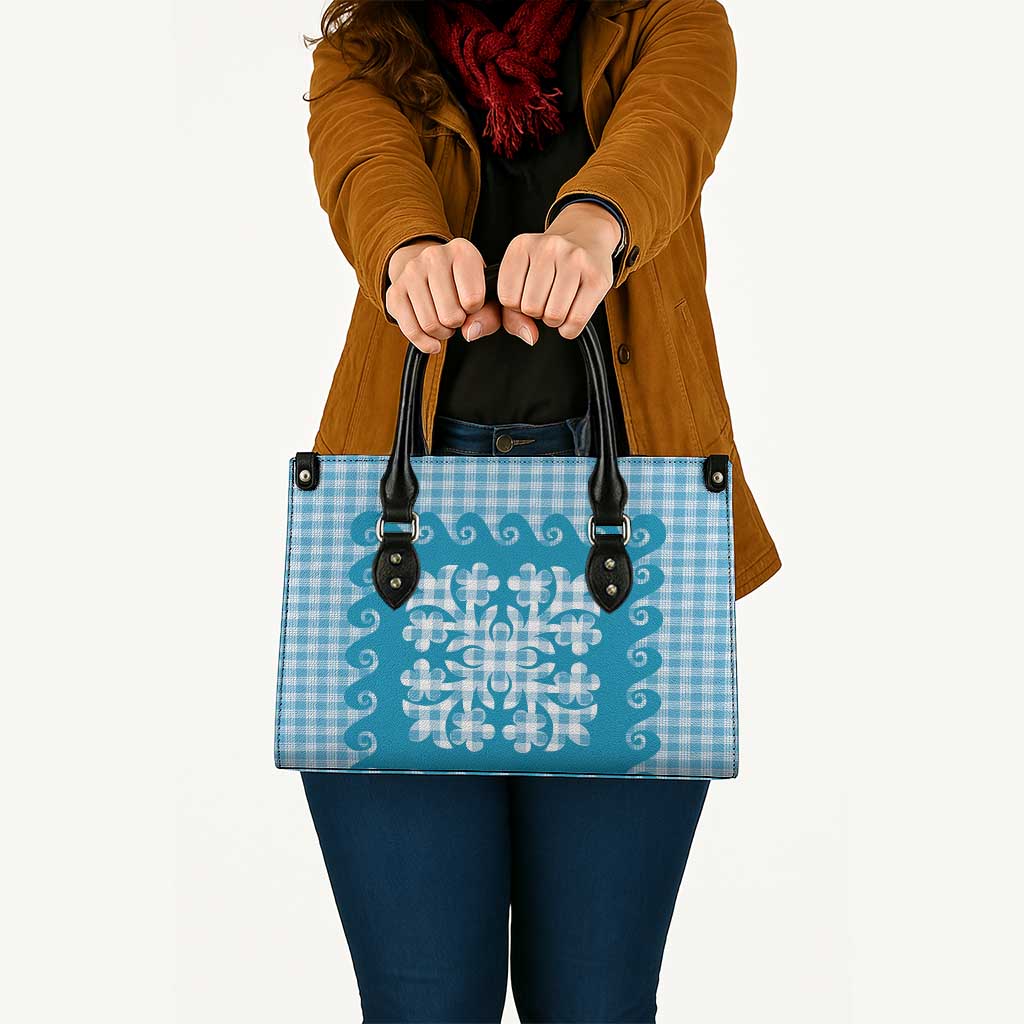 Blue Ulu Palaka Quilt Pattern Leather Bag Hawaii Culture Breadfruit - Polynesian Pride