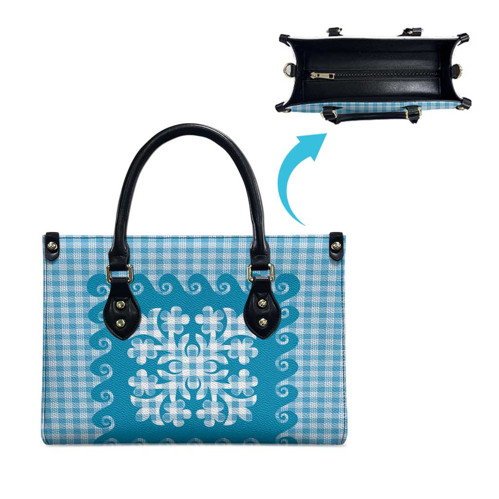 Blue Ulu Palaka Quilt Pattern Leather Bag Hawaii Culture Breadfruit - Polynesian Pride