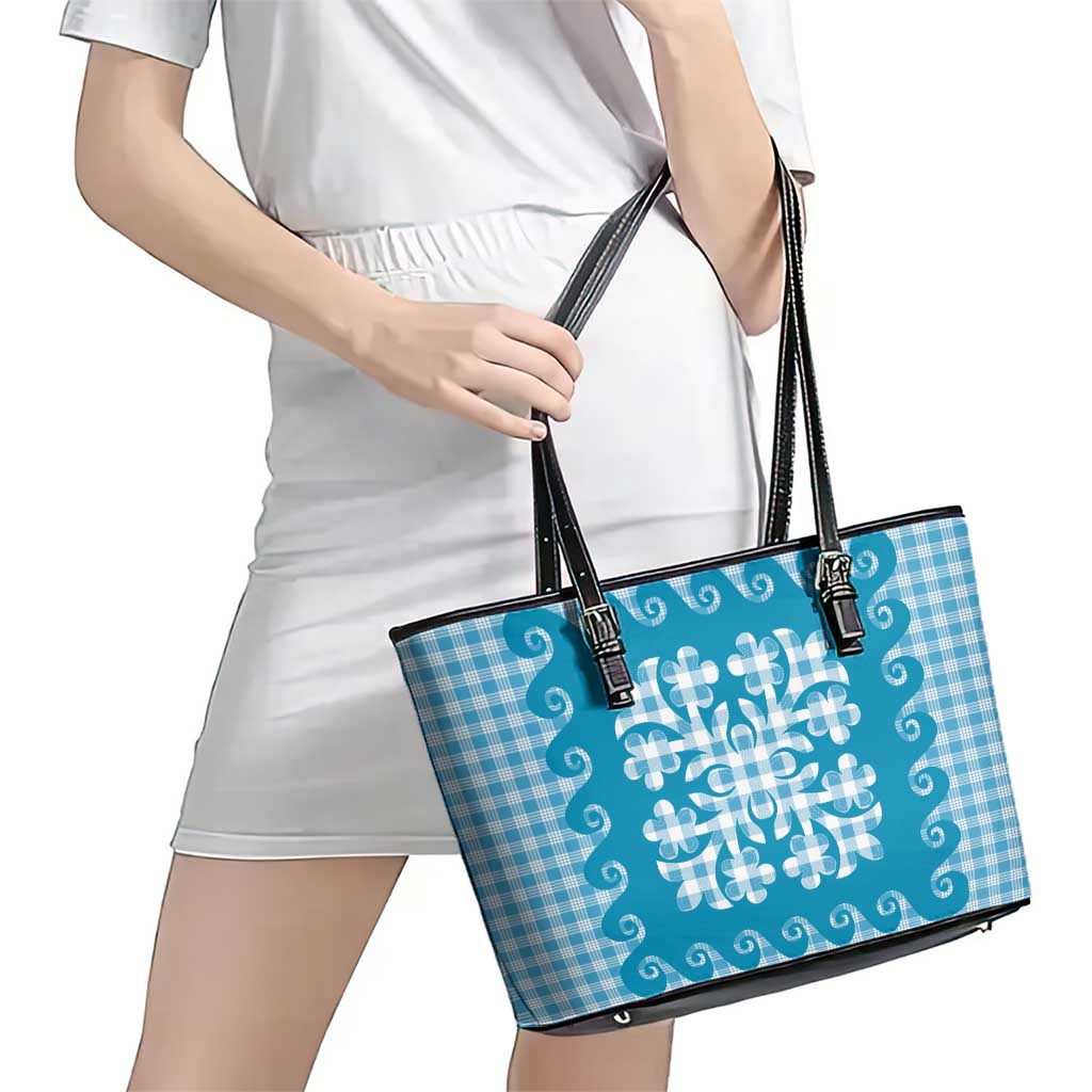 Blue Ulu Palaka Quilt Pattern Leather Tote Bag Hawaii Culture Breadfruit - Polynesian Pride