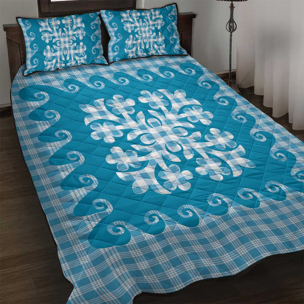 Blue Ulu Palaka Quilt Pattern Quilt Bed Set Hawaii Culture Breadfruit - Polynesian Pride