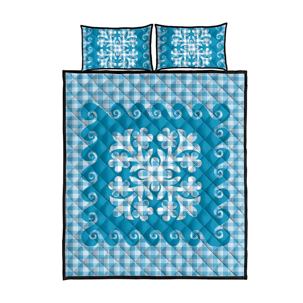 Blue Ulu Palaka Quilt Pattern Quilt Bed Set Hawaii Culture Breadfruit - Polynesian Pride