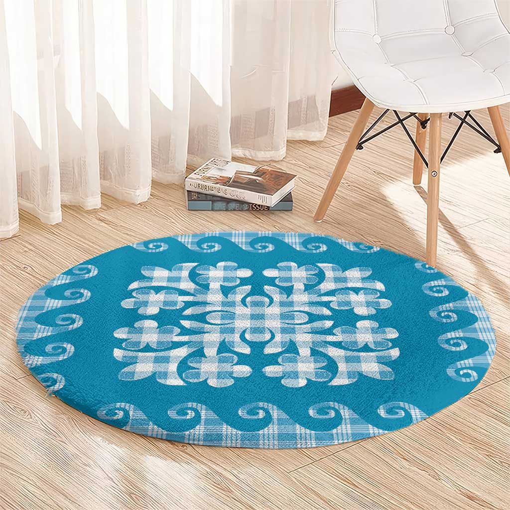 Blue Ulu Palaka Quilt Pattern Round Carpet Hawaii Culture Breadfruit - Polynesian Pride