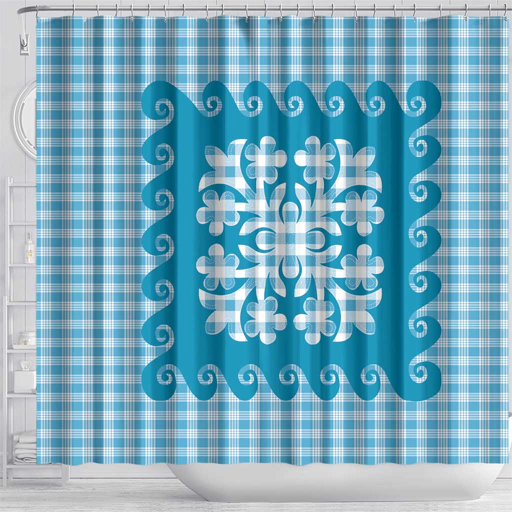 Blue Ulu Palaka Quilt Pattern Shower Curtain Hawaii Culture Breadfruit - Polynesian Pride