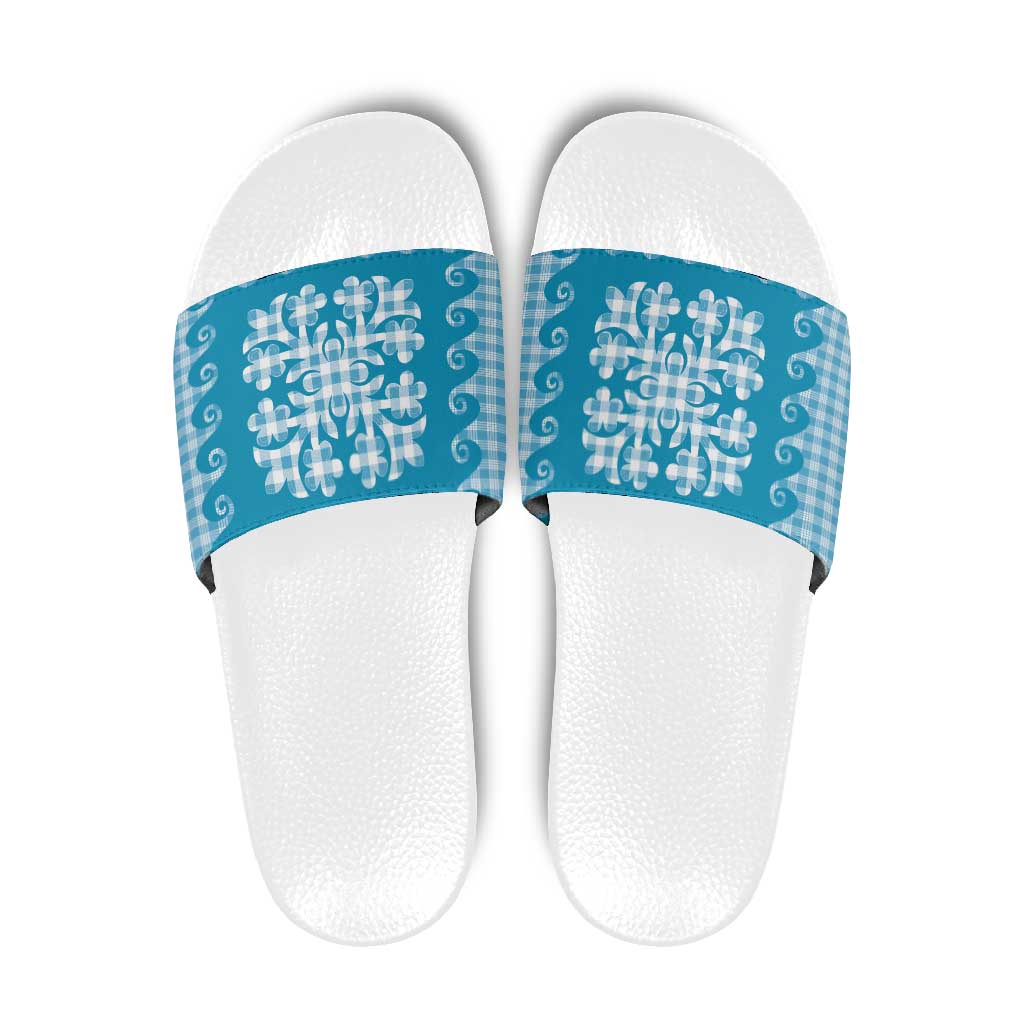 Blue Ulu Palaka Quilt Pattern Slide Sandals Hawaii Culture Breadfruit - Polynesian Pride