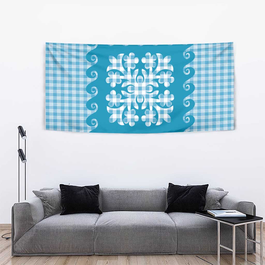 Blue Ulu Palaka Quilt Pattern Tapestry Hawaii Culture Breadfruit - Polynesian Pride