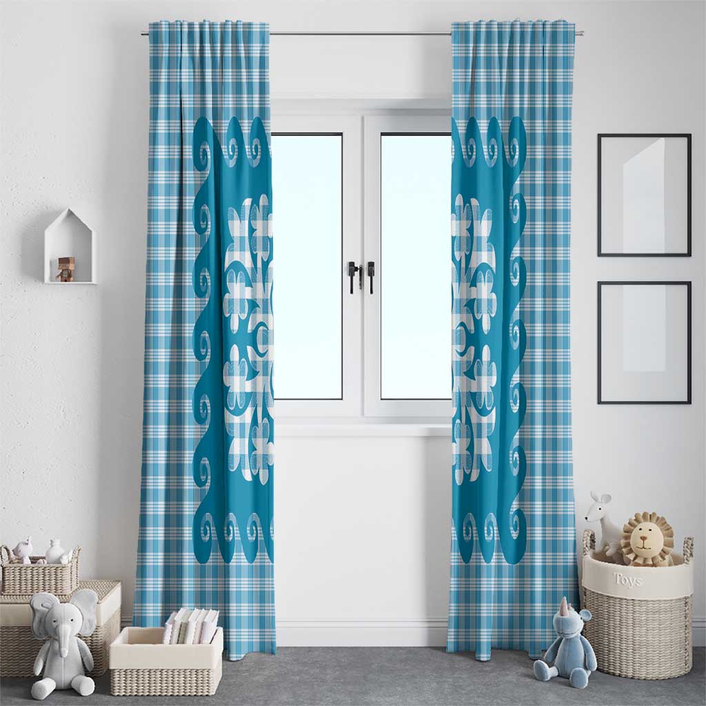 Blue Ulu Palaka Quilt Pattern Window Curtain Hawaii Culture Breadfruit - Polynesian Pride