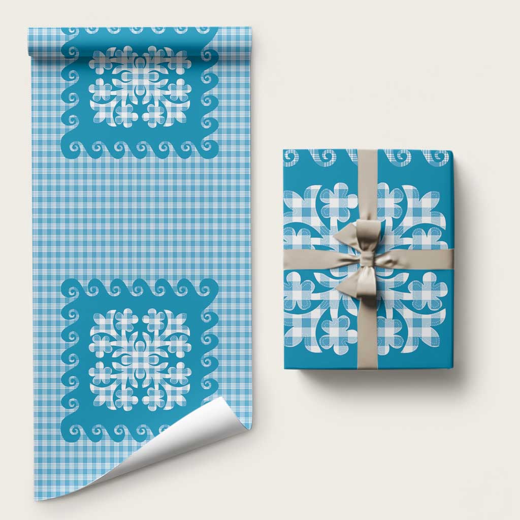 Blue Ulu Palaka Quilt Pattern Wrapping Paper Hawaii Culture Breadfruit - Polynesian Pride