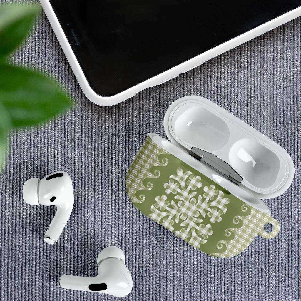 Green Ulu Palaka Quilt Pattern AirPods Case Hawaii Culture Breadfruit - Polynesian Pride