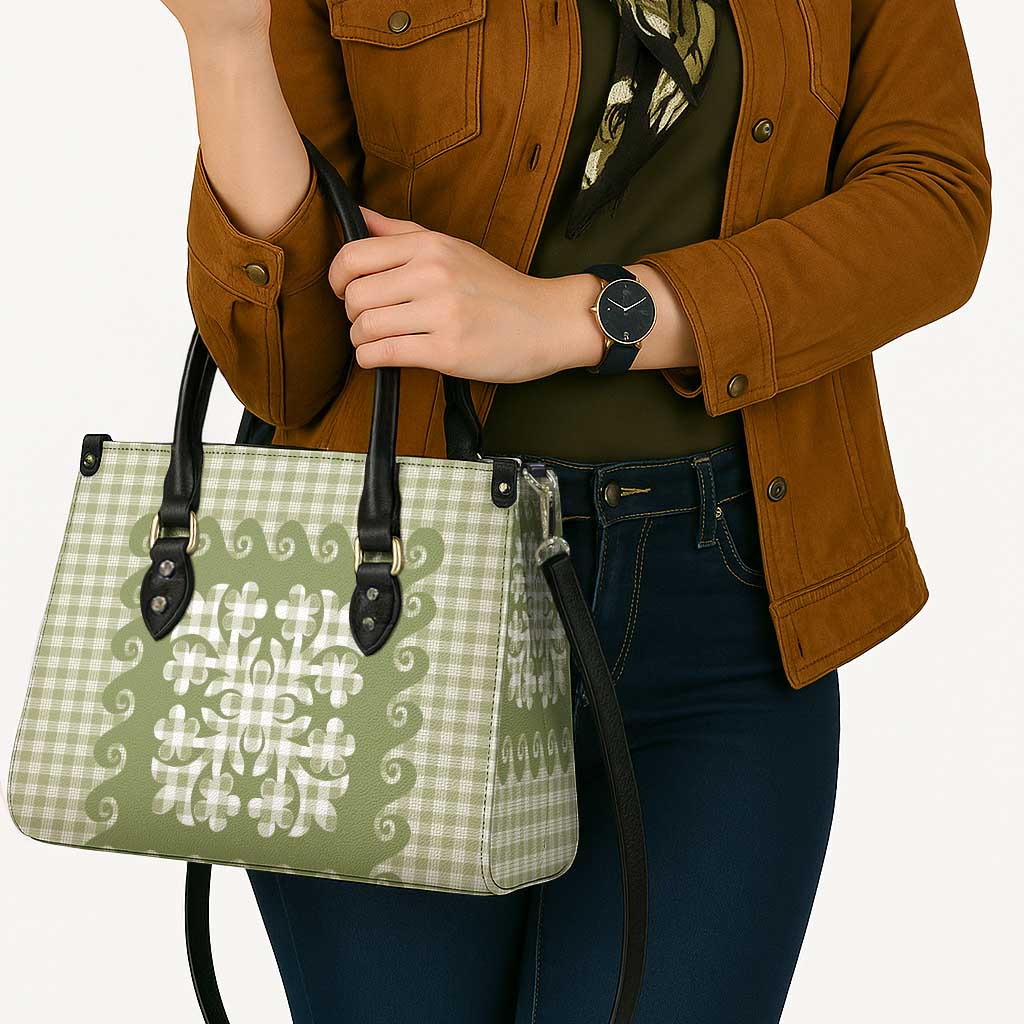 Green Ulu Palaka Quilt Pattern Leather Bag Hawaii Culture Breadfruit - Polynesian Pride