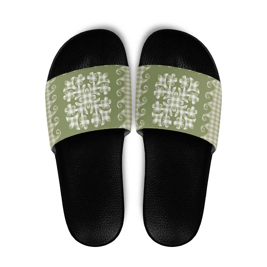 Green Ulu Palaka Quilt Pattern Slide Sandals Hawaii Culture Breadfruit - Polynesian Pride