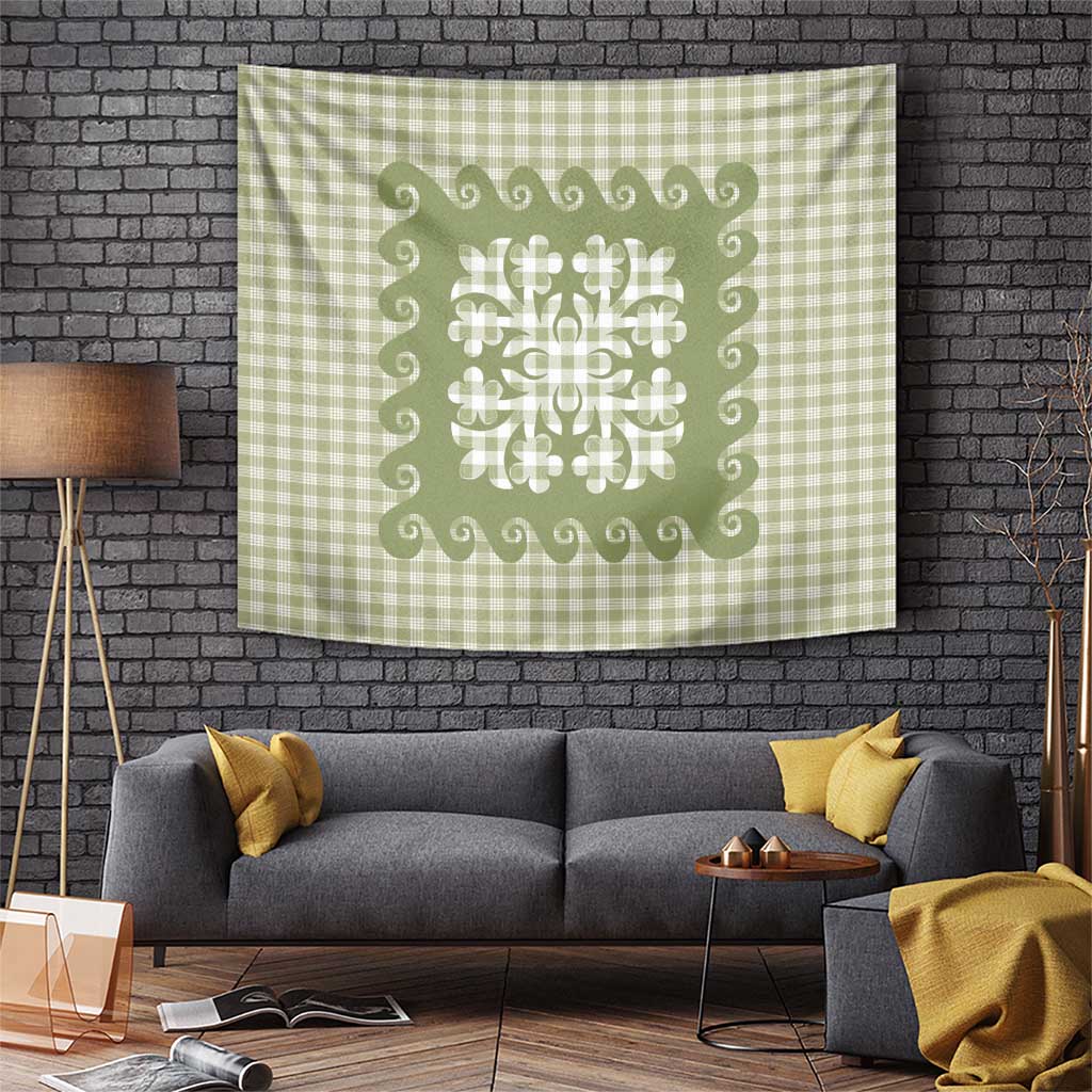Green Ulu Palaka Quilt Pattern Tapestry Hawaii Culture Breadfruit - Polynesian Pride