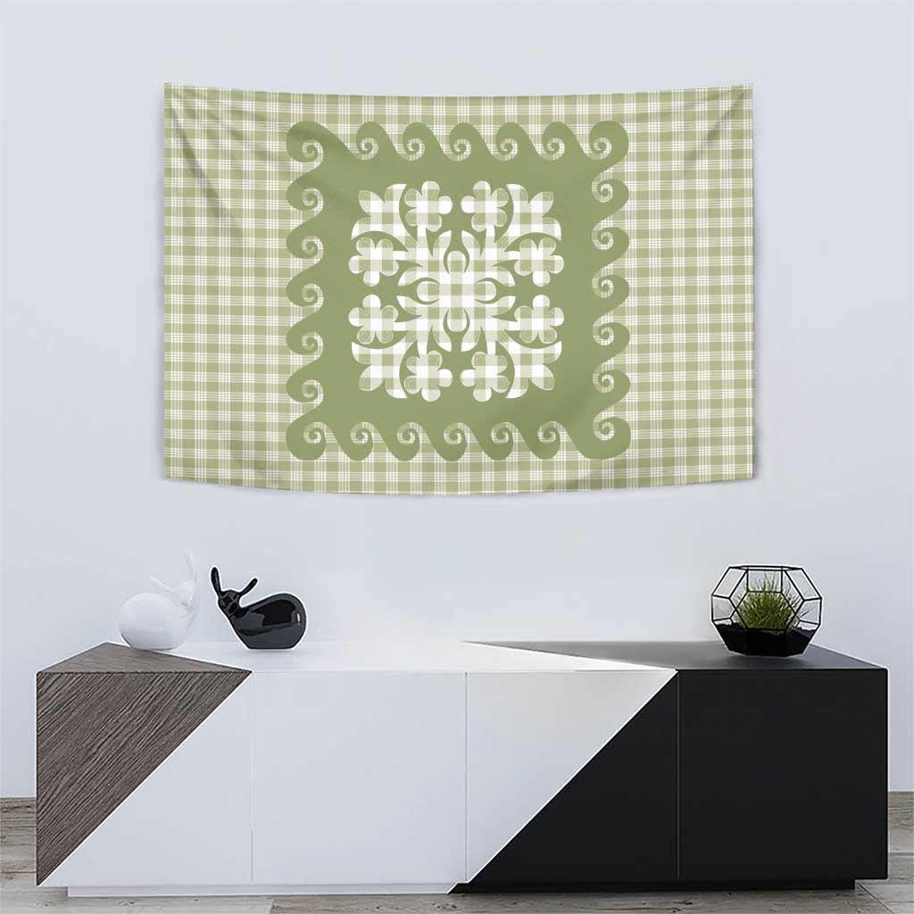Green Ulu Palaka Quilt Pattern Tapestry Hawaii Culture Breadfruit - Polynesian Pride