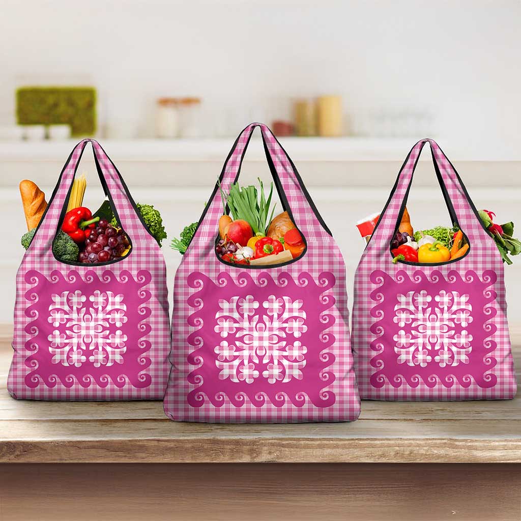 Pink Ulu Palaka Quilt Pattern Grocery Bag Hawaii Culture Breadfruit - Polynesian Pride