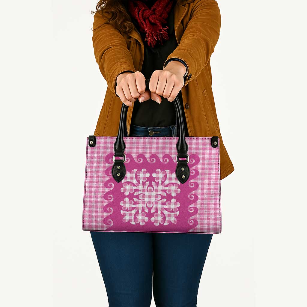Pink Ulu Palaka Quilt Pattern Leather Bag Hawaii Culture Breadfruit - Polynesian Pride