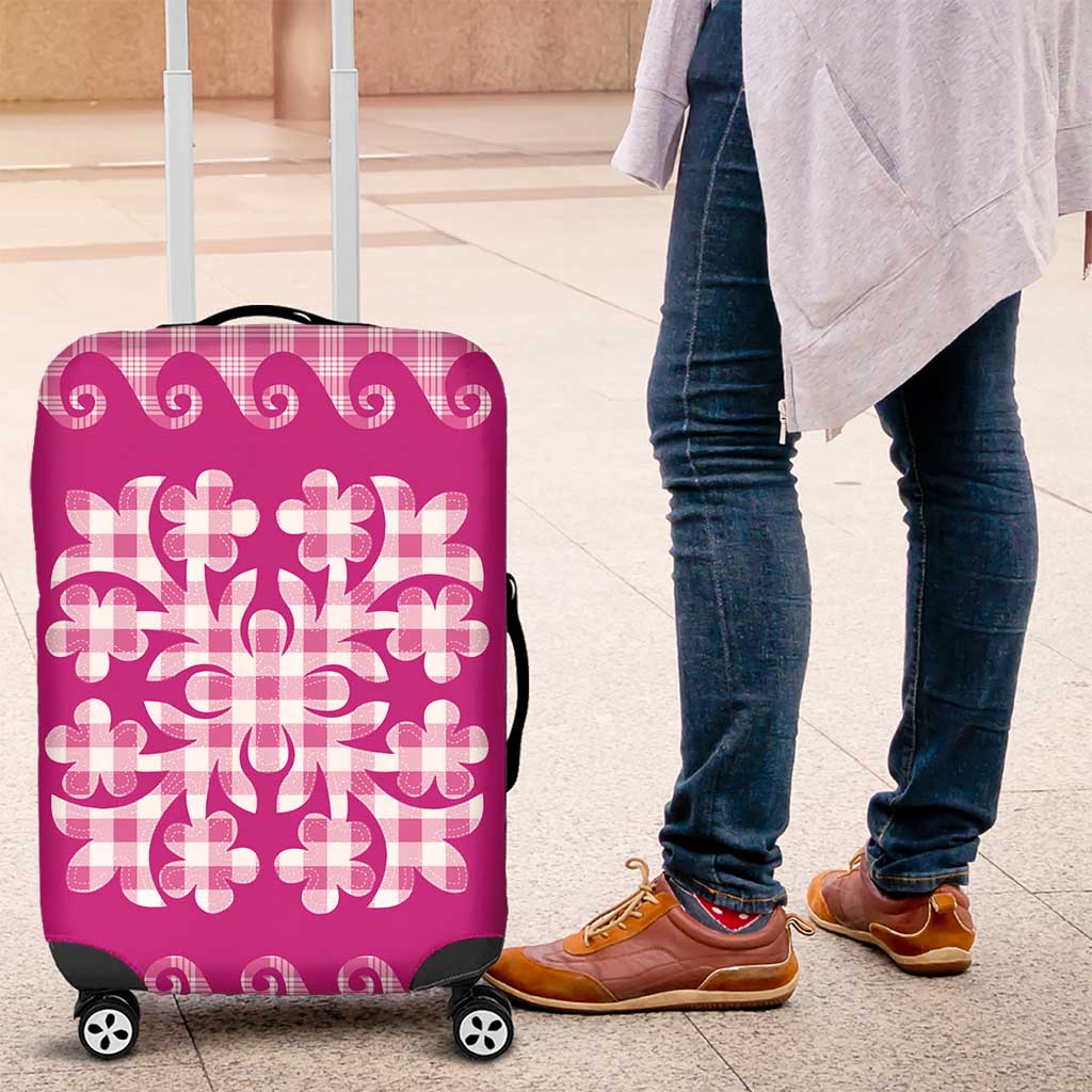 Pink Ulu Palaka Quilt Pattern Luggage Cover Hawaii Culture Breadfruit - Polynesian Pride