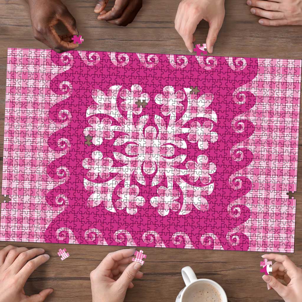 Pink Ulu Palaka Quilt Pattern Puzzle Hawaii Culture Breadfruit - Polynesian Pride
