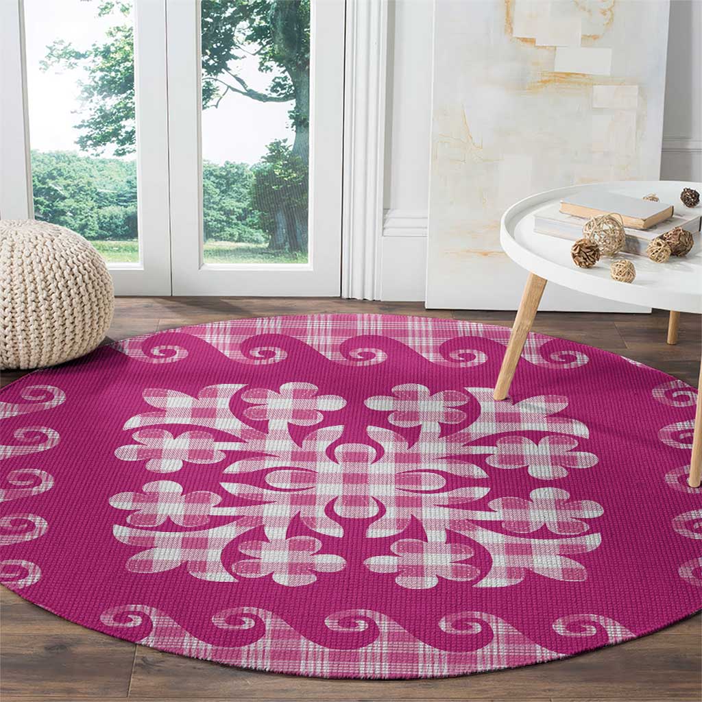 Pink Ulu Palaka Quilt Pattern Round Carpet Hawaii Culture Breadfruit - Polynesian Pride