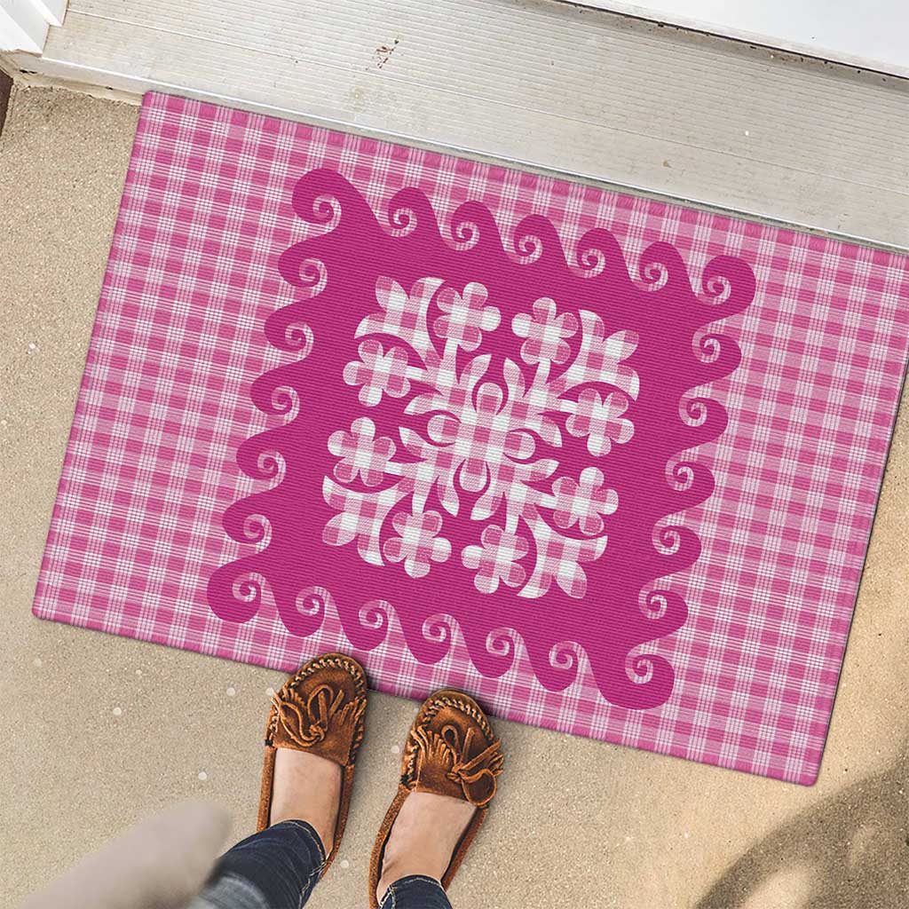 Pink Ulu Palaka Quilt Pattern Rubber Doormat Hawaii Culture Breadfruit - Polynesian Pride