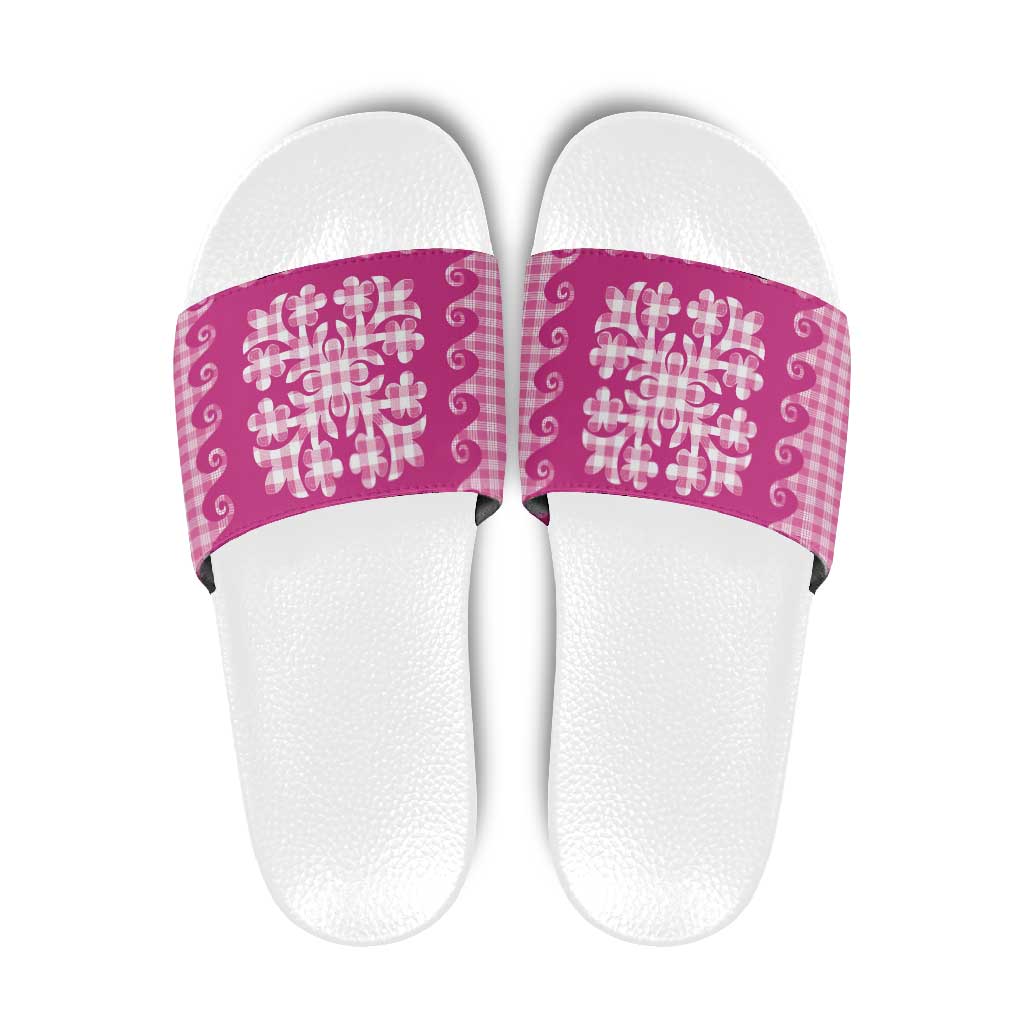 Pink Ulu Palaka Quilt Pattern Slide Sandals Hawaii Culture Breadfruit - Polynesian Pride