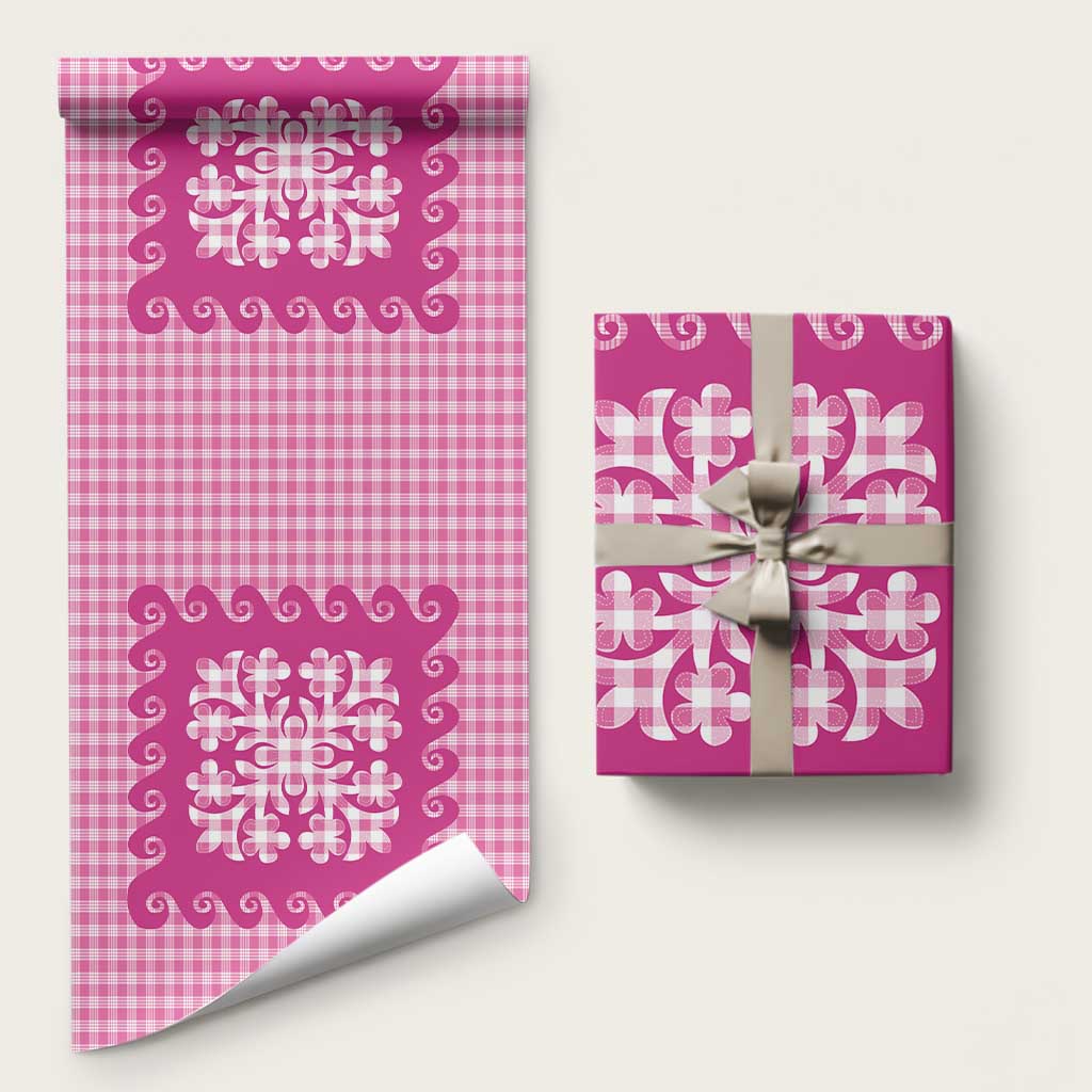 Pink Ulu Palaka Quilt Pattern Wrapping Paper Hawaii Culture Breadfruit - Polynesian Pride