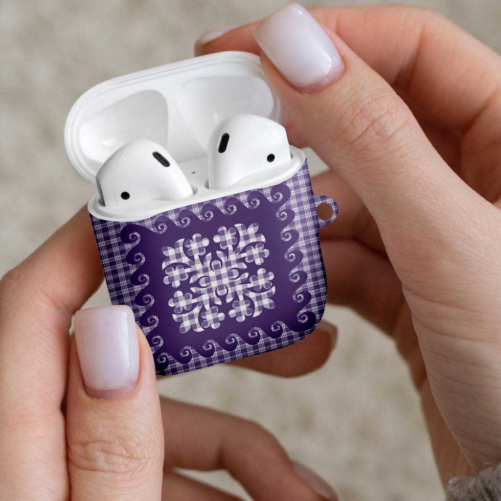 Purple Ulu Palaka Quilt Pattern AirPods Case Hawaii Culture Breadfruit - Polynesian Pride