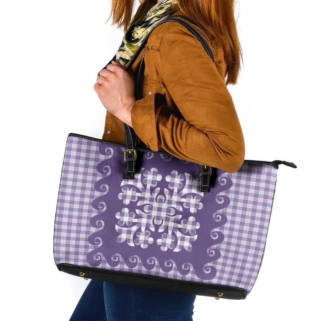 Purple Ulu Palaka Quilt Pattern Leather Tote Bag Hawaii Culture Breadfruit - Polynesian Pride