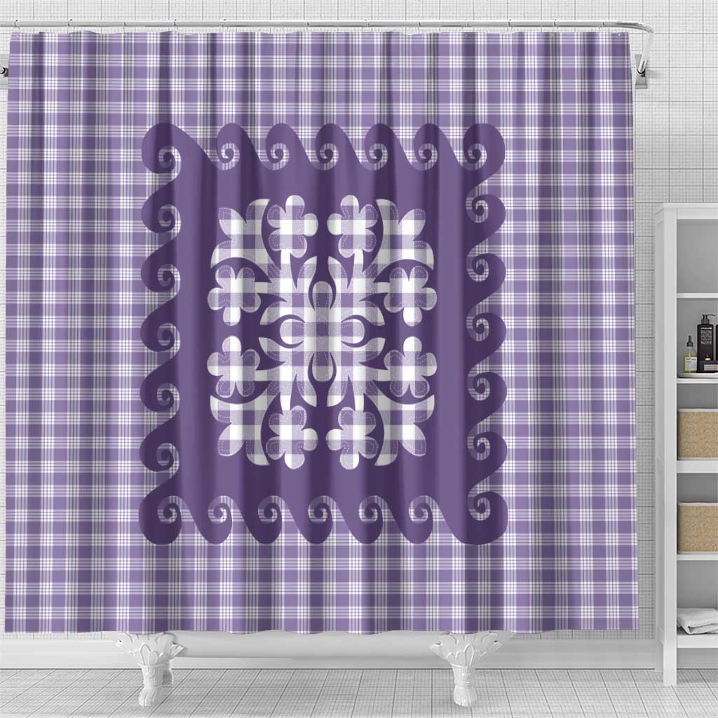 Purple Ulu Palaka Quilt Pattern Shower Curtain Hawaii Culture Breadfruit - Polynesian Pride