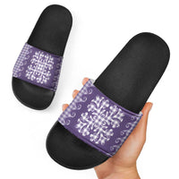 Purple Ulu Palaka Quilt Pattern Slide Sandals Hawaii Culture Breadfruit - Polynesian Pride