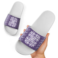 Purple Ulu Palaka Quilt Pattern Slide Sandals Hawaii Culture Breadfruit - Polynesian Pride