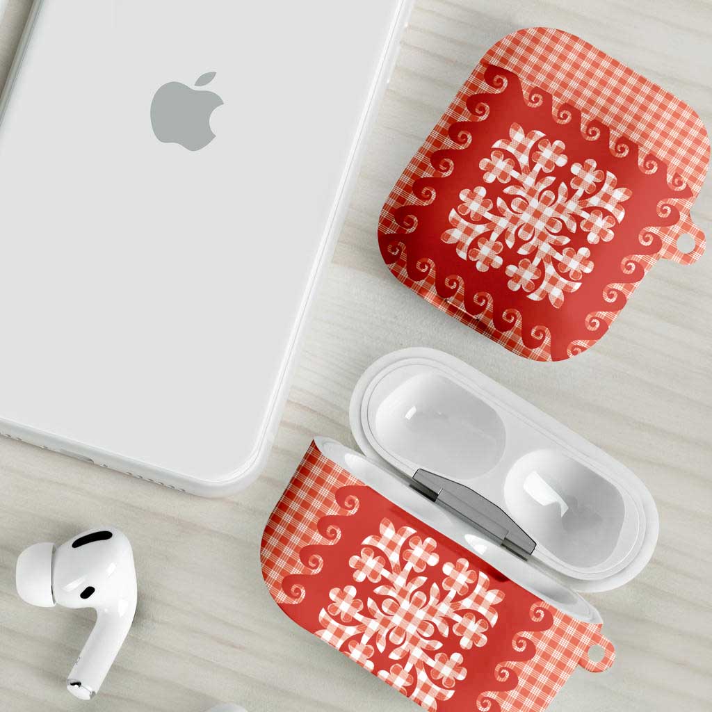 Red Ulu Palaka Quilt Pattern AirPods Case Hawaii Culture Breadfruit - Polynesian Pride