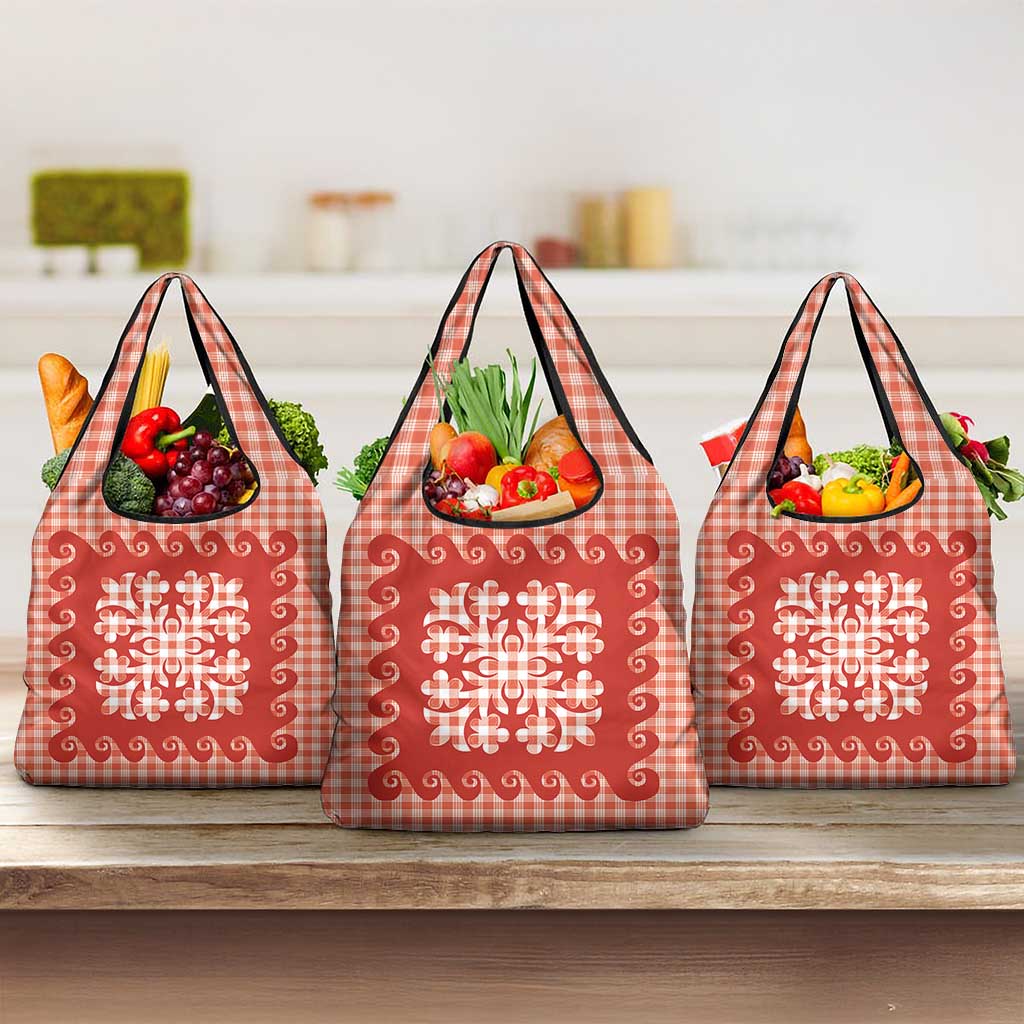 Red Ulu Palaka Quilt Pattern Grocery Bag Hawaii Culture Breadfruit - Polynesian Pride